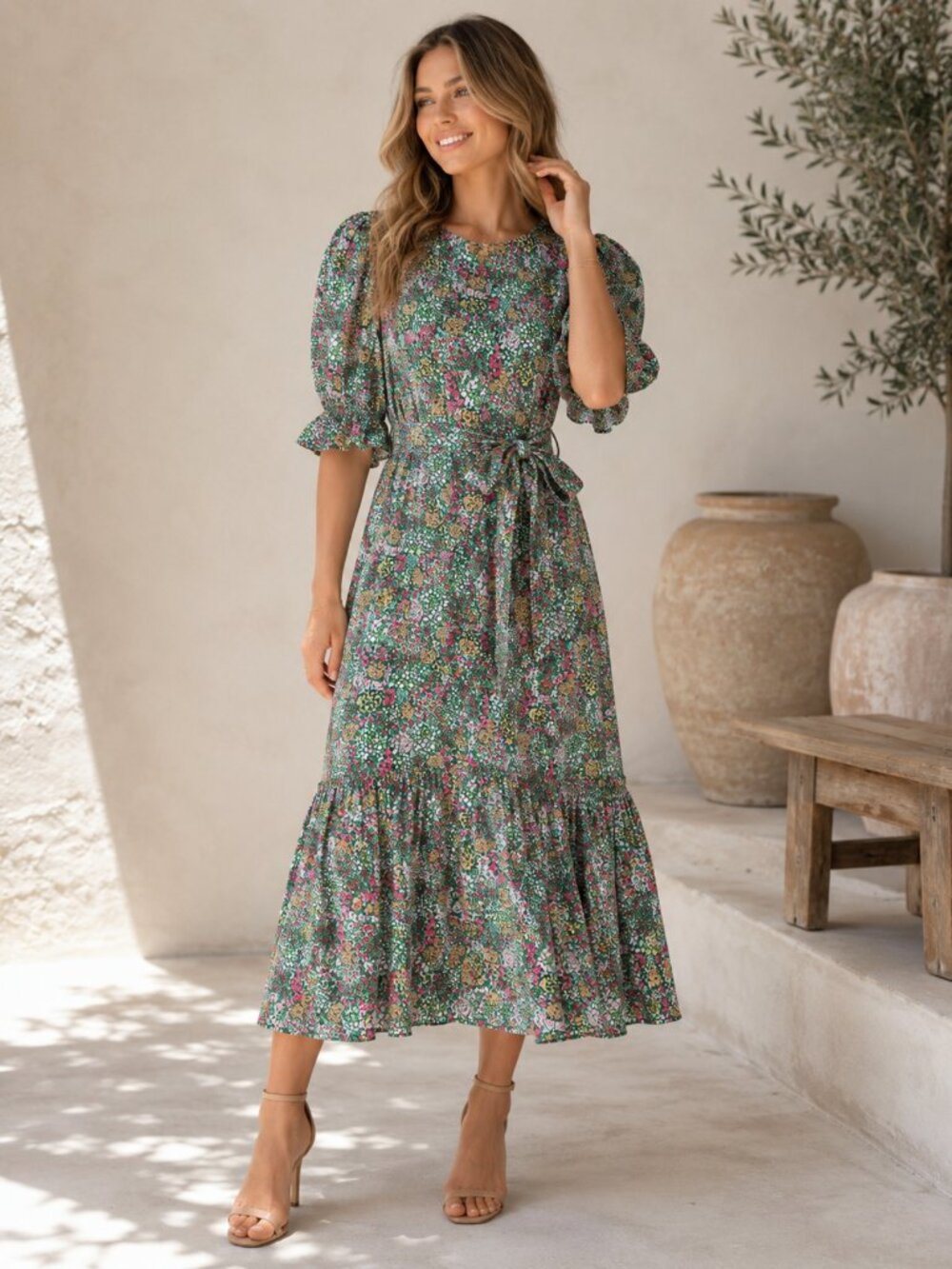 Cartolina Nantucket Floral Puff Sleeve Belted Midi Dress Green Pink Size M